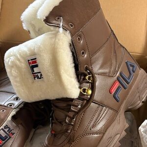 FILA Brown Leather Shearling-Trim Lace-Up Boot